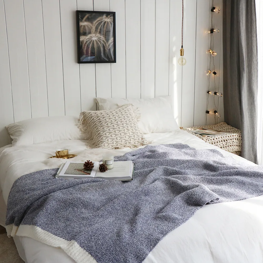 참깨 포인트 니트 담요 아늑한 퍼지 마이크로 화이버 부드러운 겨울 색 줄무늬 가장자리 소파 침대 사무실 담요