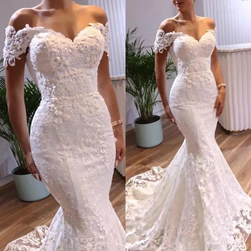 Elegant Mermaid Wedding Dresses Short Sleeves 2022 Lace Applique Sweep Train Custom Made Plus Size Wedding Bridal Gown Vestido de novia C0216