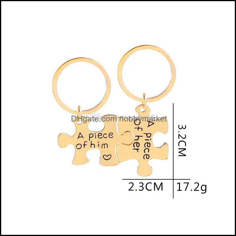 2 Pcs Couples Gift Alloy A piece of her A piece of him Letter Puzzle DogTag Keychain KeyRing Valentine`s Day Gift