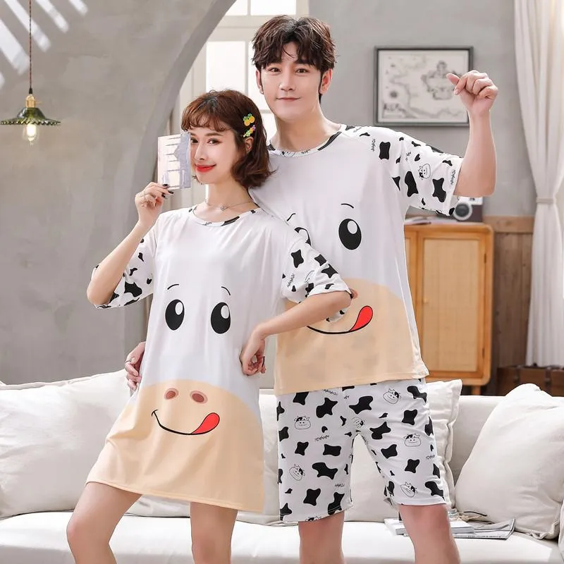 Indumenti da notte da donna 2021 Summer Couple Camicie da notte a maniche corte per le donne Cute Cartoon Cow Night Dress Camicia da notte da uomo Homewear Abbigliamento per la casa