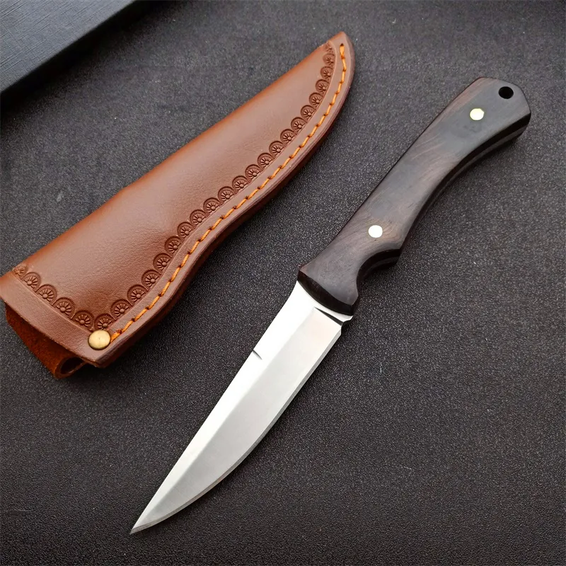 Special Offer Outdoor Survival Straight Hunting Knife 5Cr13Mov Satin Drop Point Blades Full Tang Ebony Handle Fixed Blade Knives With Leather Sheath