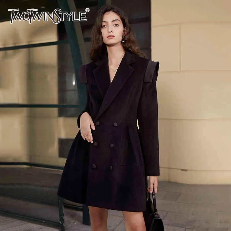 TWOTWINSTYLE Vintage Black Dress For Women Notched Long Sleeve High Waist Tweed Dresses Female Fashion Clothing Fall 210517
