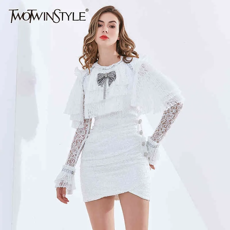 Twotwinstyle elegante kant witte jurk voor vrouwen o hals flare mouw high taille patchwork diamant strik jurken vrouwelijke mode 210517