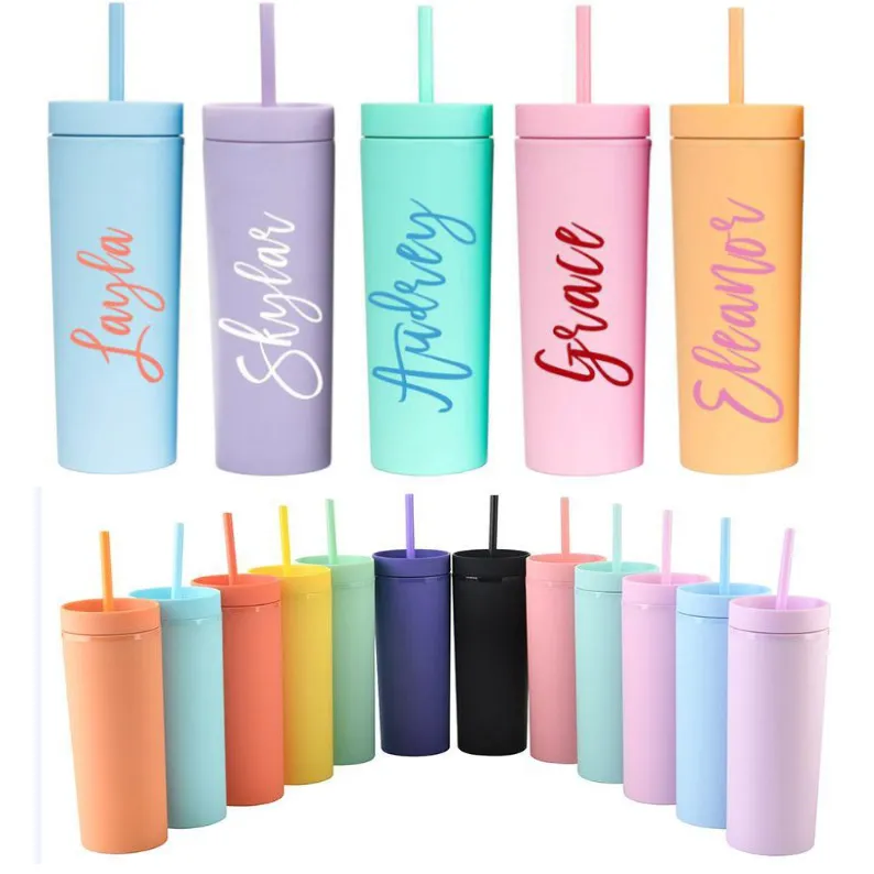 16oz acrílico tumblers matte cores parede dupla 500ml copo de plástico de plástico beber plástico com palhas de tampa HH21-434