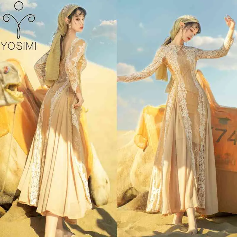 Yosimi Beige кружева длинные женщины платье элегантный летний шифон O-шеи рукава лодыжки длиной без спинки сексуальная вечеринка 210604