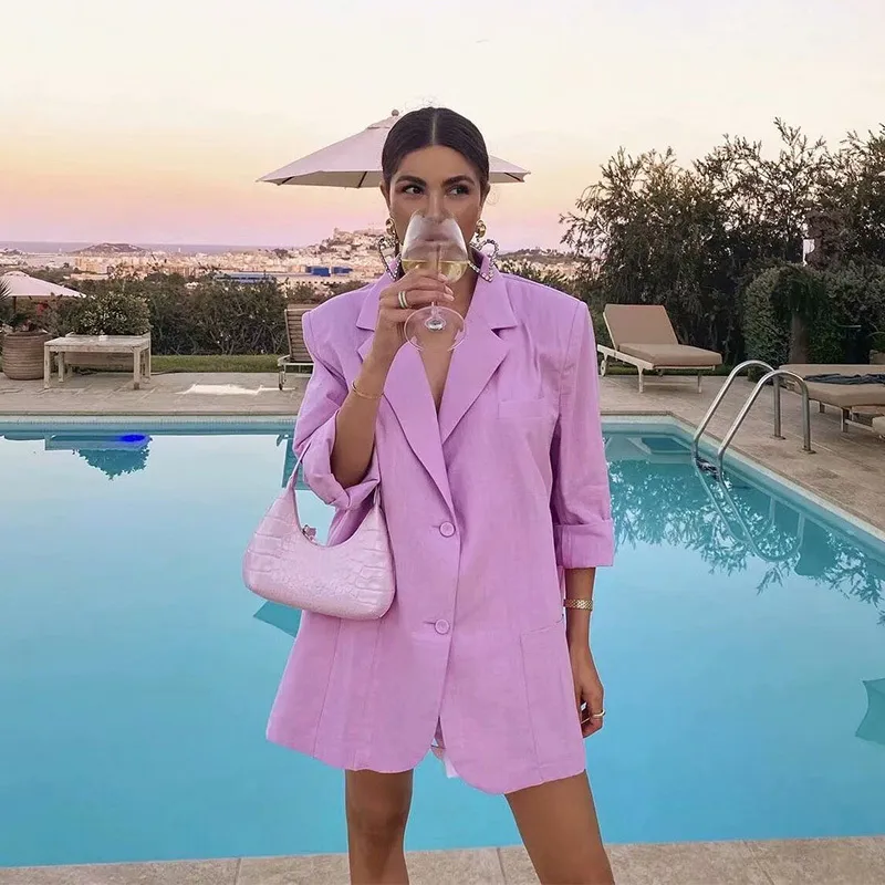 Summer Women Oversized Blazers Buttoned Long Sleeve Notched Neck