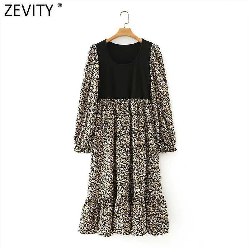 Zevity Femmes Vintage Col Carré Tricot Patchwork Imprimer Plis Robe Femme Manches Bouffantes Casual Midi Robes DS4648 210603