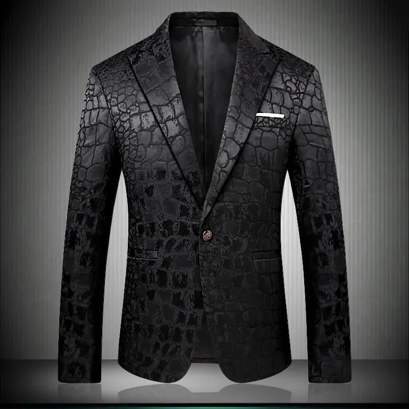 Men's Suits & Blazers Black Blazer Men Crocodile Pattern Wedding Suit Jacket Slim Fit Stylish Costumes Stage Wear For Singer Mens Designs 90