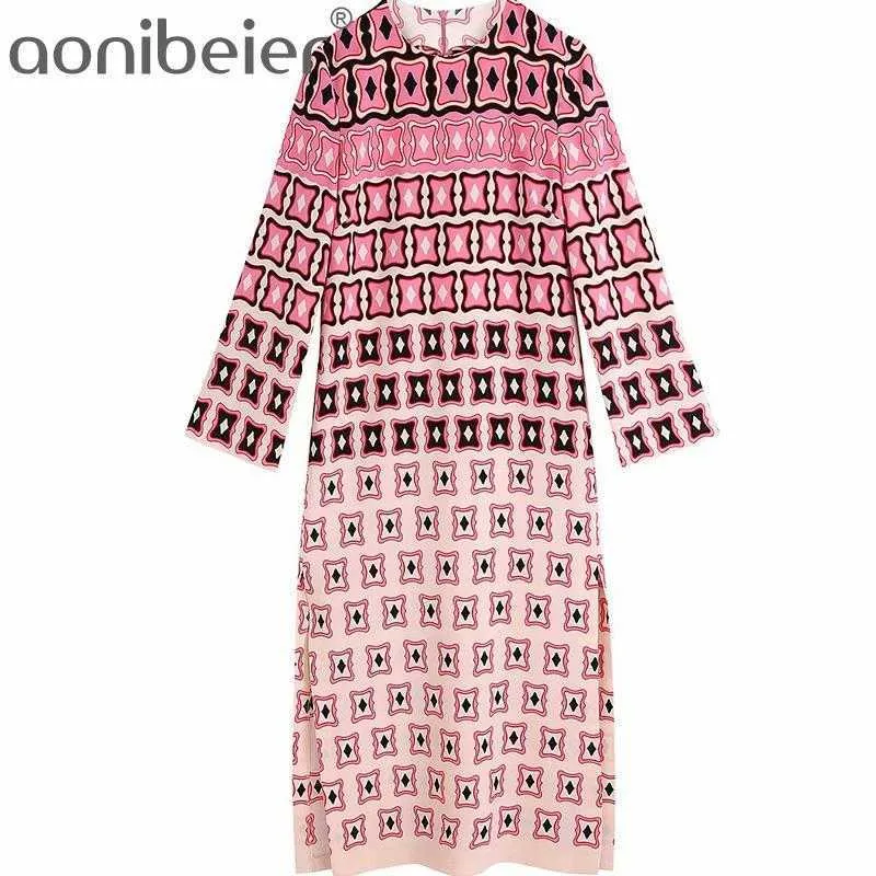 Summer Robe Vintage Geometric Print Long Sleeve Casual Holiday Women Dress Side Slit Female Straight Midi 210604