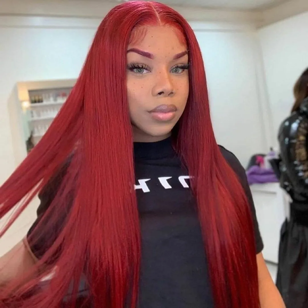 99J Burgundy Red Lace Front 180 % Dichtheit Lange Rechte Prüfung für Frauen Menselijk Haar Natur