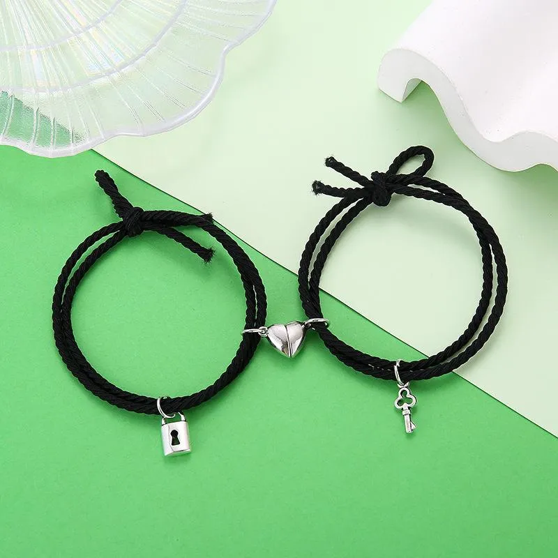 Charm Bracelets 2Pcs Magnet Couple For Lovers Lock Heart Magnetic Bracelet Women Men Braided Rope Wrist Chain Minimalist Jewelry224G