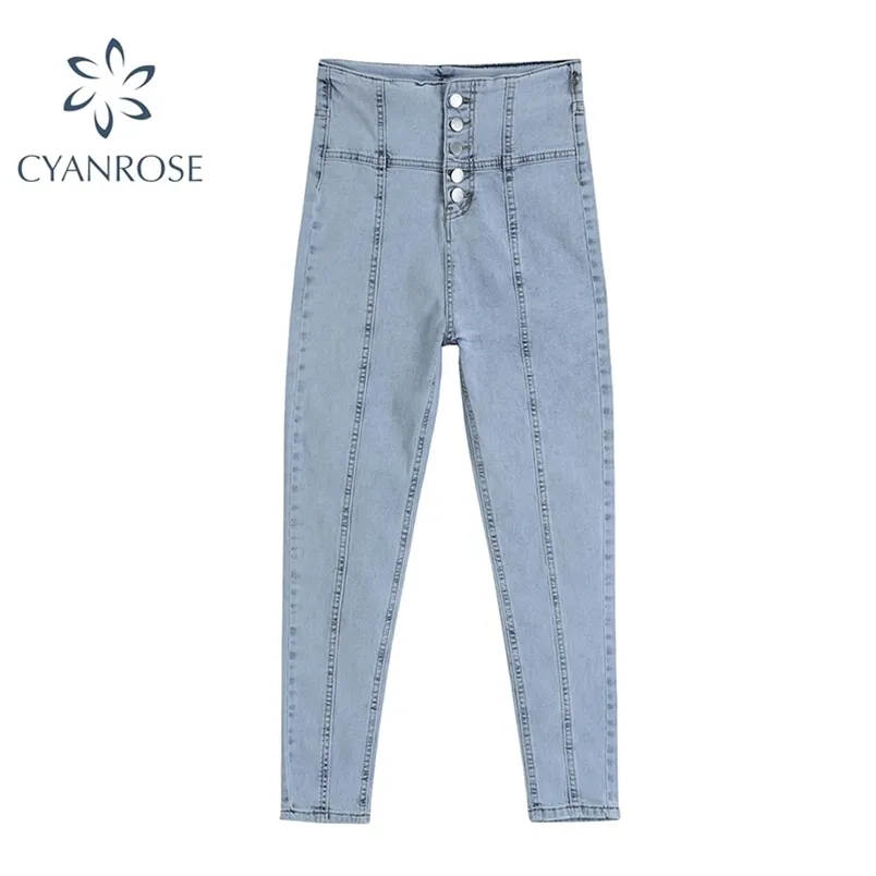 Pantalon en jean bleu pour femmes taille haute bouton unique Sexy Slim Streetwear jean crayon maigre rétro Y2K pantalon e-girl 210515