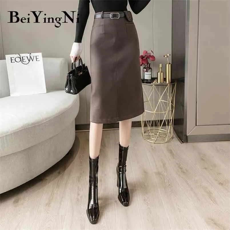 High Waist Skirt Women Belt Winter Slim Elegant A-line Retro Work Wear Office Ladies Skirts Fashion Faldas Mujer Jupes 210506