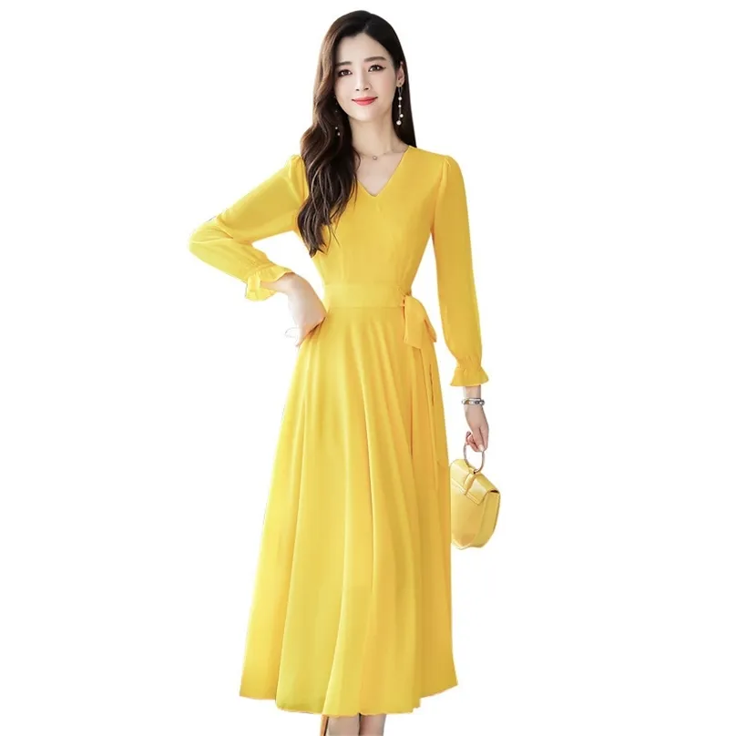 Chiffon Dress Mulheres Amarelo Outono Plus Size Temperamento Magro V Neck Cinto Flare Manga Maxi Vestidos Feminina LR911 210531