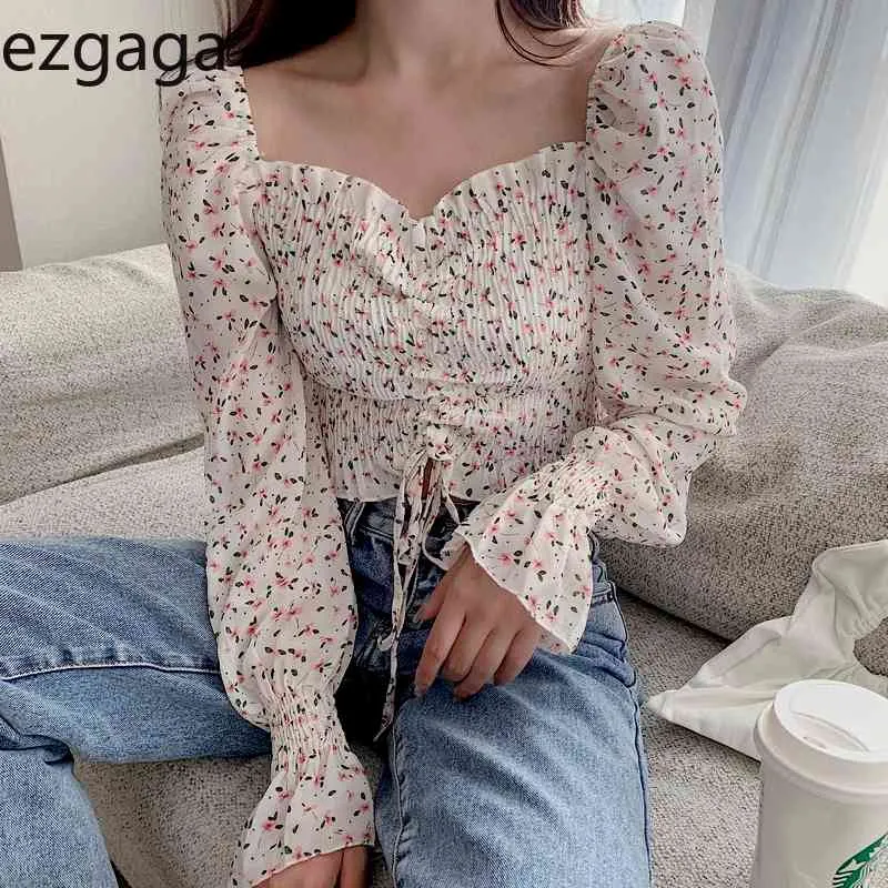 Ezgaga Blouse florale Femmes Croptops Mousseline de soie à manches longues Cordon Col carré Slim Sexy All-Match Dames Chemises Mode 210430