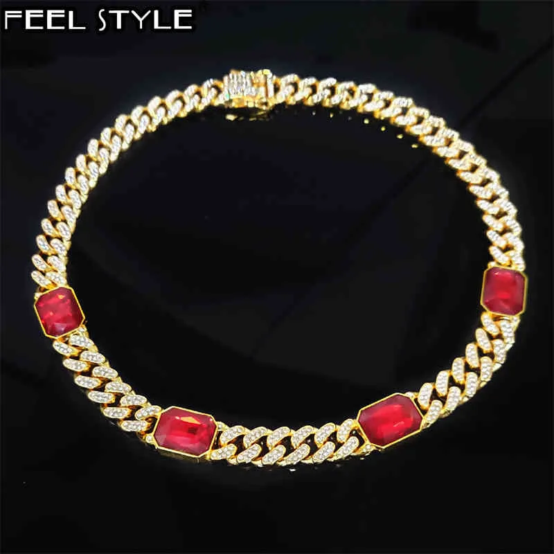 Hip Hop 12MM Bling Iced Out Platz Blau Rot Edelstein Kristall Cuban Link Kette AAA Halskette für Männer Frauen schmuck X0509