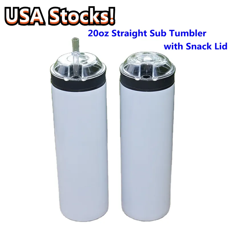 US Warehouse Sublimation 20oz Snack Straight Tumbler Mug with Lid Straw Stainless Steel Double Walled Insulated Vacuum Skinny Water Bottles B001