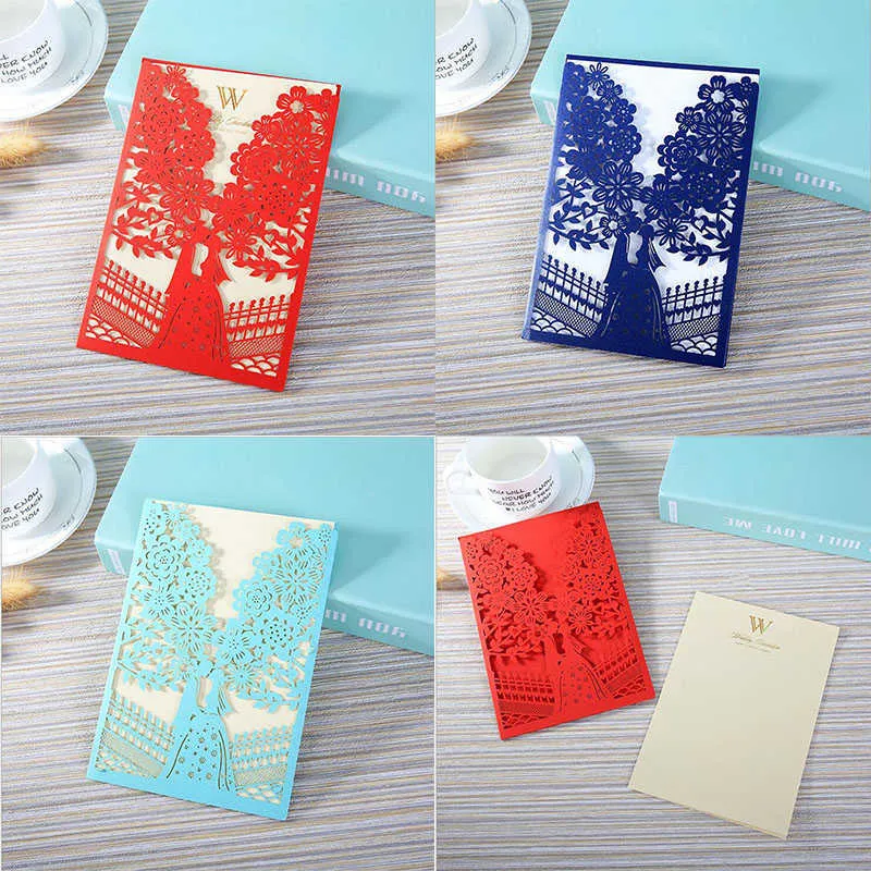 100st Red Blue Laser Cut Wedding Invitations Card Tree Design HEABLING CARDS Anpassning Kuvert Bröllopsfest Favos Dekoration SH190923