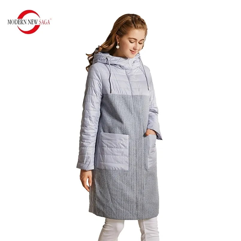 Modern Saga Kvinnor Coat Höst Bomull Polded Jacket Hooded Quilted Parka Long Pocket Lady S Vinter 210910