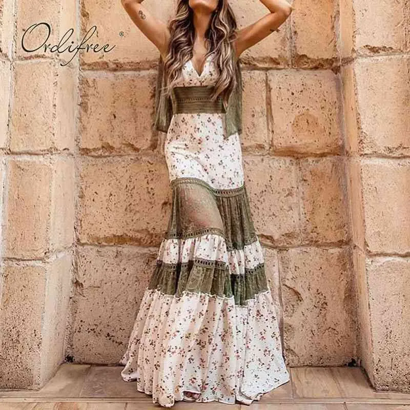 Summer Women Floral Long Vintage Flower Print Hollow Out lace and tulle Tunic Vocation Beach Maxi Dress 210415