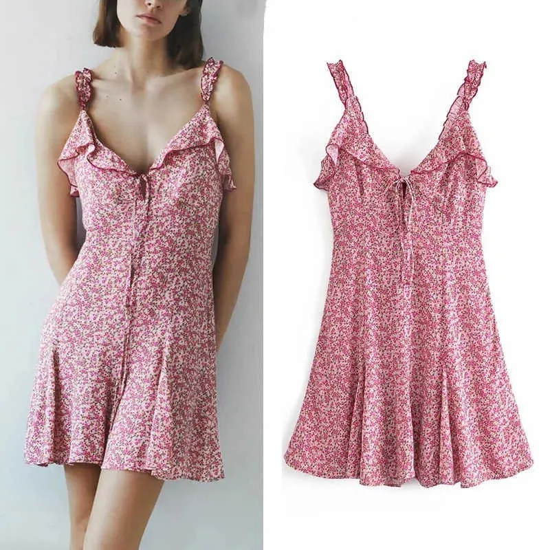 ZA Floral Print Wzburzyć Letnia Sukienka Kobiety Bez Rękawów Paski Vintage Mini Sukienki Kobieta Chic Front Krawata Różowa Suknia Plażowa 210602