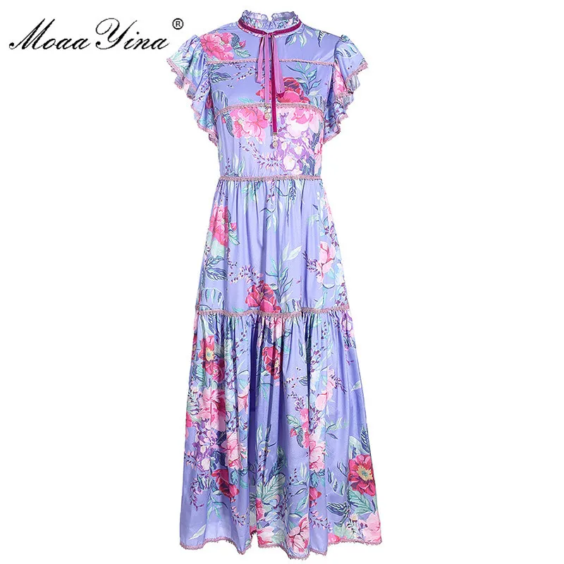 Mode Designer Dress Summer Women's Dress Stand Collar Butterfly Sleeve Floral-Print Dresses 210524