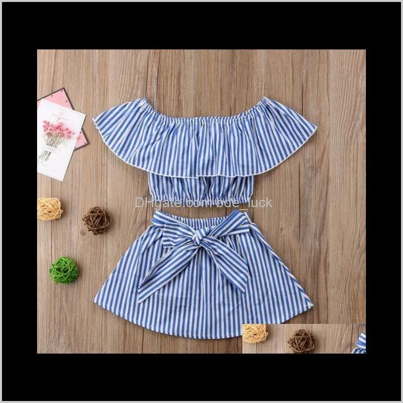 2018 Fashion Baby Girl Clothes Summer Off-Shoulder Cotton Casual T-shirt Top+Tutu Skirt Stripe Outfits 2PCS