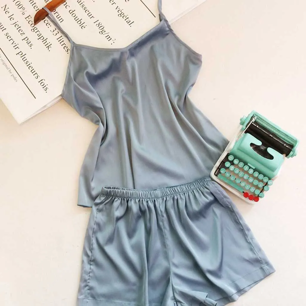 Women Sexy Pajamas Set Sexy Lingerie Solid Color Sleepwear Female Suit Casual 2 Piece Nightwear Shorts Set Sleepwear Menina Q0706