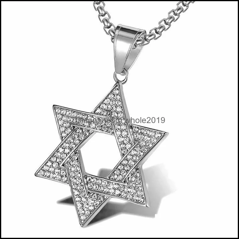 Pendant Necklaces Hip Hop Bling Iced Out Gold Color Stainless Steel Jewish Star Of David Hexagram Pendants For Men Rapper Jewelry