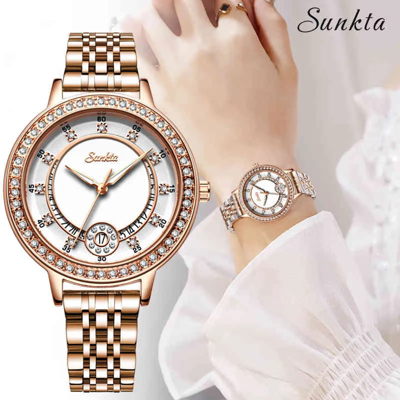 Zegarek Damski Sunta Luxury Dames Horloges Diamond Rvs Armband Horloge Damesmode Waterdichte Quartz Horloge Gift + Box 210517