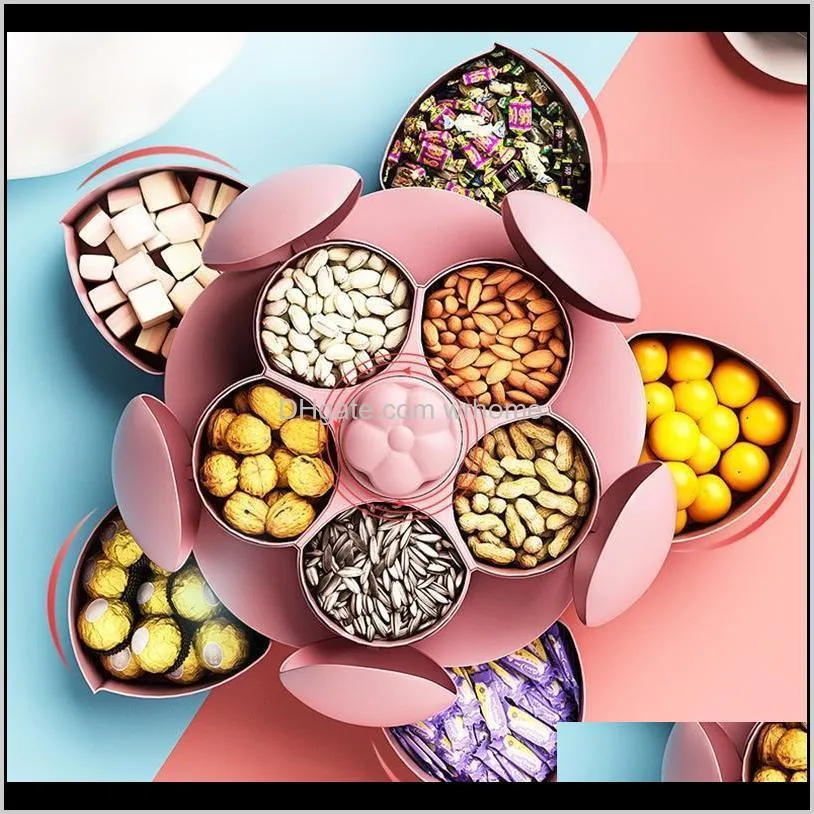 Huishoudelijke organisatie thuis tuinpetal-vorm roterende snackbox candy lade opslag trouwplaten dubbele dek gedroogde fruit organisator bott