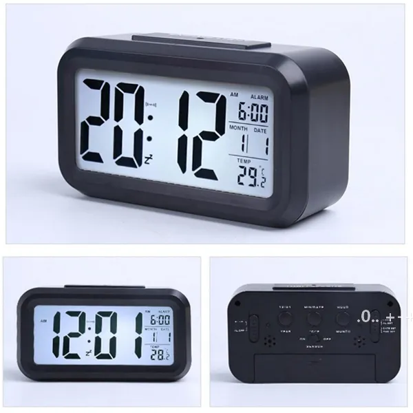 Sensor inteligente nightlight despertador digital com temperatura termômetro calendário silencioso mesa mesa relógio de mesa acordar rrb11190