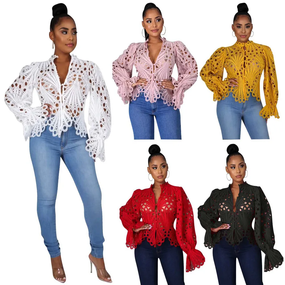 2022 NIEUWE elegante lange mouwen holle mesh kant shirt pure zien door top blouse kleding Dashiki Afrikaanse shirts voor vrouwen