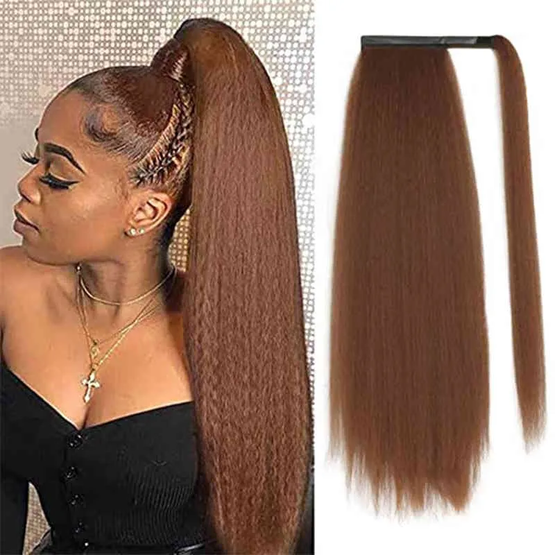 Long Kinky Yaki Straight Ponytail for Women Red Brown Hair Extension Heat Resistant Synthetic Natural Pony Tail Your Beauty