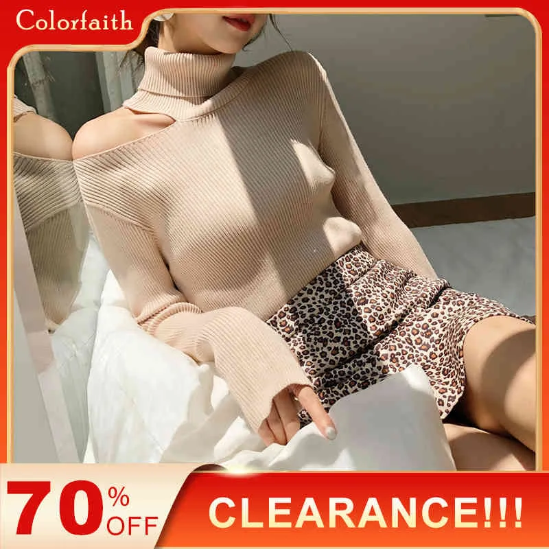 Colorfaith Novo Camisola Feminina Outono Inverno Recorte Sexy Um Ombro Grande Tamanho Selvagem Quente Suéter Feminino SW755 210413