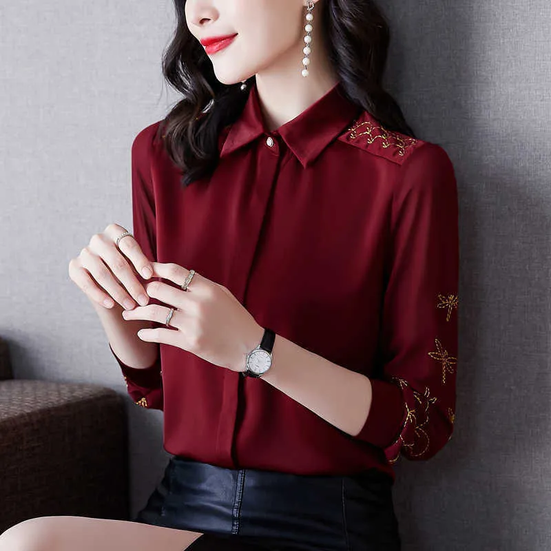 Korean Fashion Silk Women Blouses Office Lady Shirts Satin Dragonfly Mesh Long Sleeve Womens Tops Plus Size XXXL Blusas Largas 210531