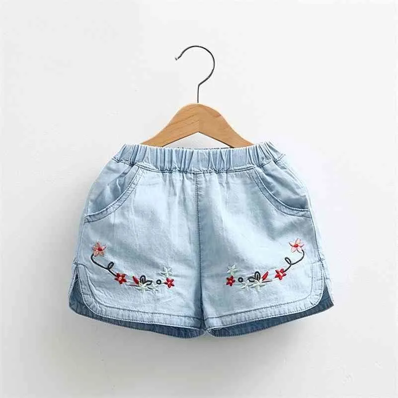 Summer Casual 2 3 4 6 8 10 Years Baby Children Blue Embroidery Floral Cotton Pocket Denim Shorts For Little Kids Girls 210701