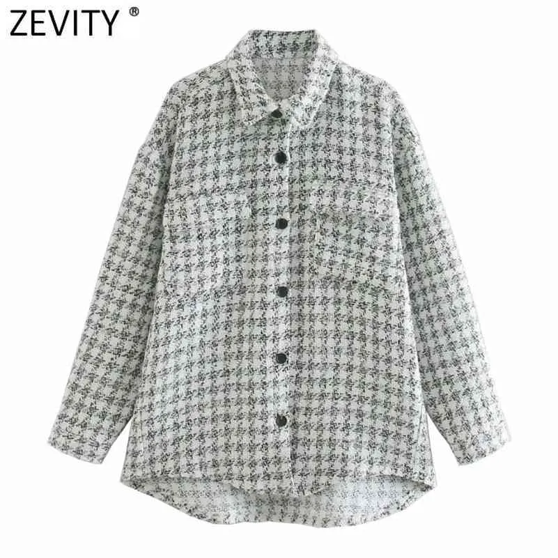 Kobiety Vintage Houndstooth Plaid Woolen Coat Femme Z Długim Rękawem Podwójne Kieszenie Patch Casual Kurtka Chic Topy CT626 210416