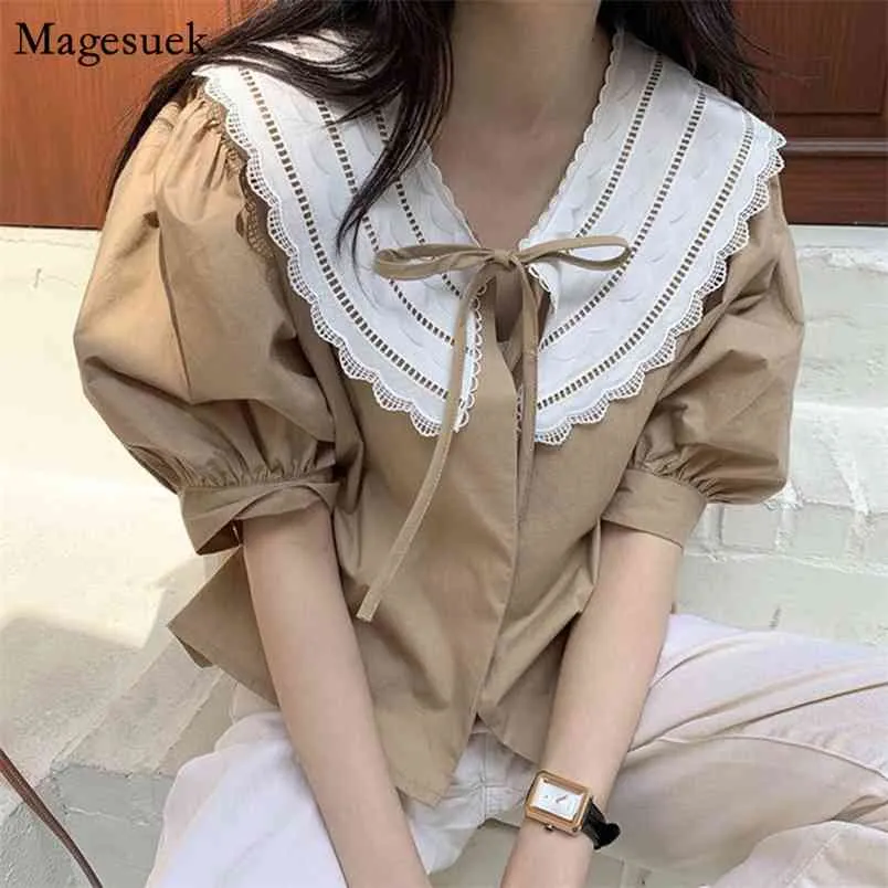 Korean Chic Lace Stitched Puff Sleeve Women Shirt White Summer Loose Woman Blouse Tie With Bow Sweet Casual Ladies Tops 13807 210512