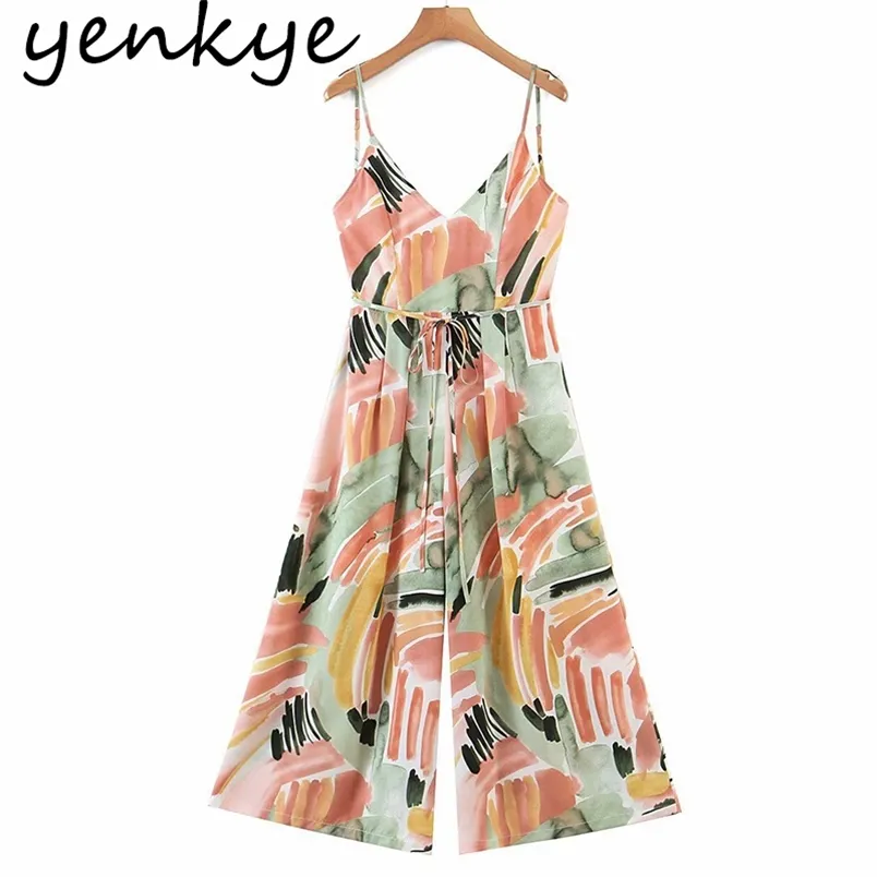 Sexy Backless Multicolor Print Jumpsuit Women V Neck Sleeveless Sashes Holiday Boho Romper Summer Long Loose monos mujer 210514