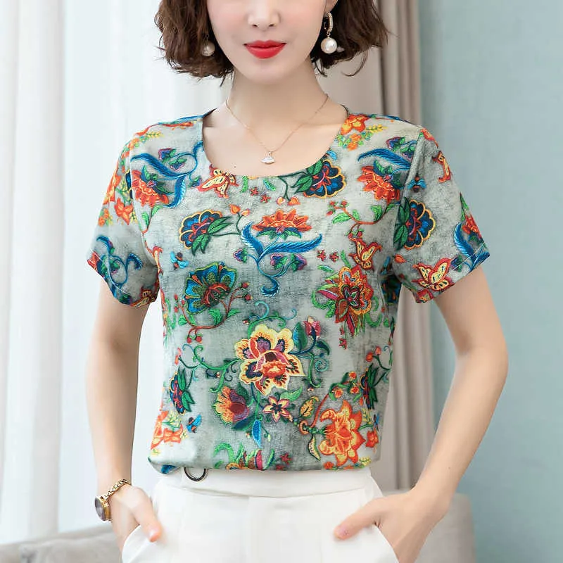 女性のシャツのシフォンプリントブラウス夏の女性花サテンS女性のトップの半袖OネックBasic 210604
