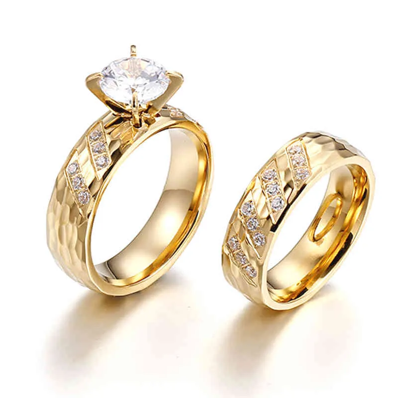 Bröllopsförlovning Ringar Set Girls Classic 2pcs Gold Color Alliance Kvinna Dam Kubik Zirconia Promise Couple Ring för kvinnor