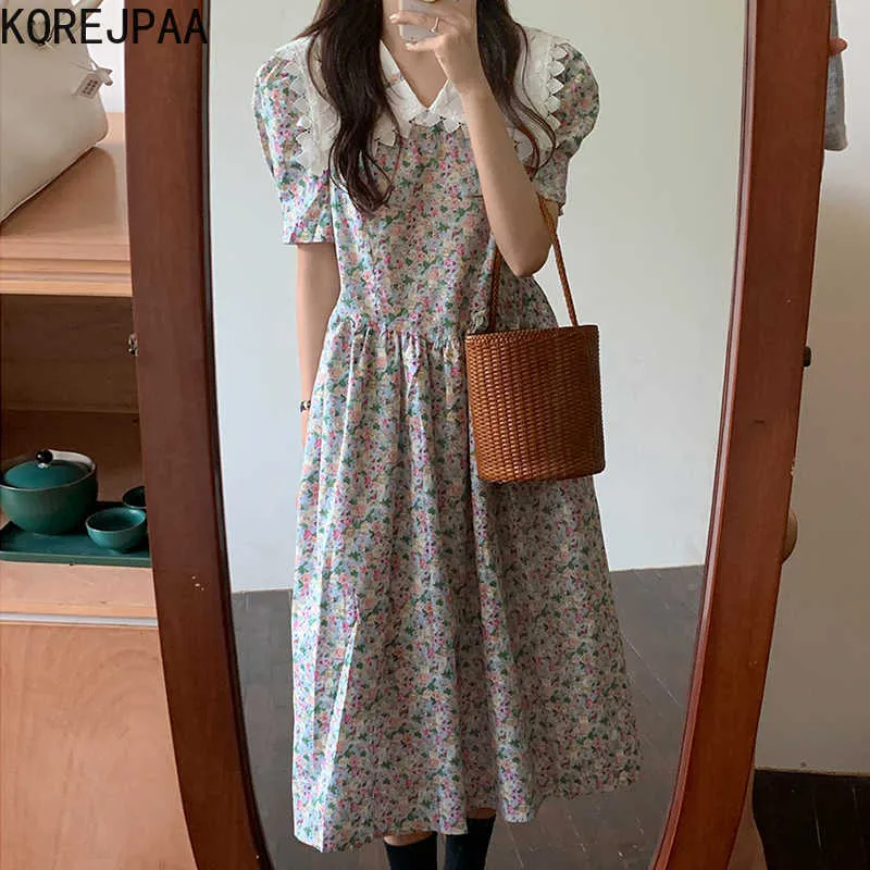 Korejpaa Women Dress Summer Korea Chic Age-Reducing Small Fresh Lace Large Lapel Stitching Floral Loose Puff Sleeve Vestido 210526
