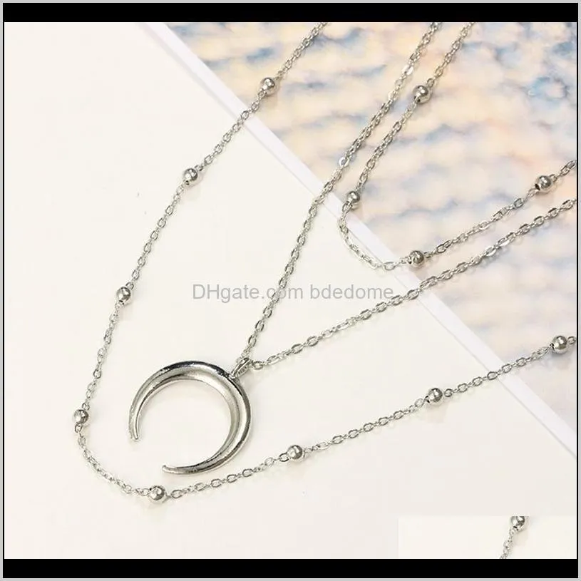 three layers necklace metal bead charm chain choker moon ox horn pendant silver gold color plated for women sexy gift