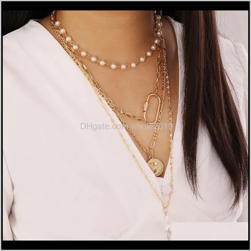 2020 fashion gold color coin pendant necklace for women thick layered clavicle chain imitation pearl chocker collier jewelry1