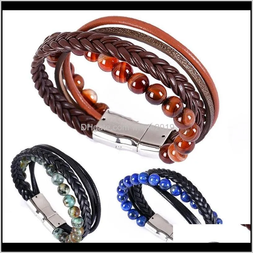 Charm Bracelets Takı Drop Teslimat 2021 Orijinal Çok Dokuma Ayarlanabilir Lapis Lazuli Deri Bilezik Erkekler Sfqph
