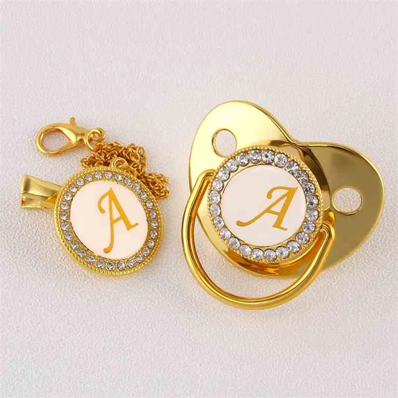 Luxury Golden Initial Letter A BlingBling Pacifier with Chain Clip Newborn Infant Safe Dummy Food Grade Silicone Soother Chupete 210407