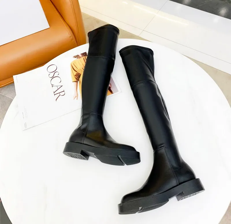 Luxury New Designer Women Thigh-High Boots Top Quality Black Genuine Leather Flat Boot Brand Ladies Winter Autumn Shoes 35-41