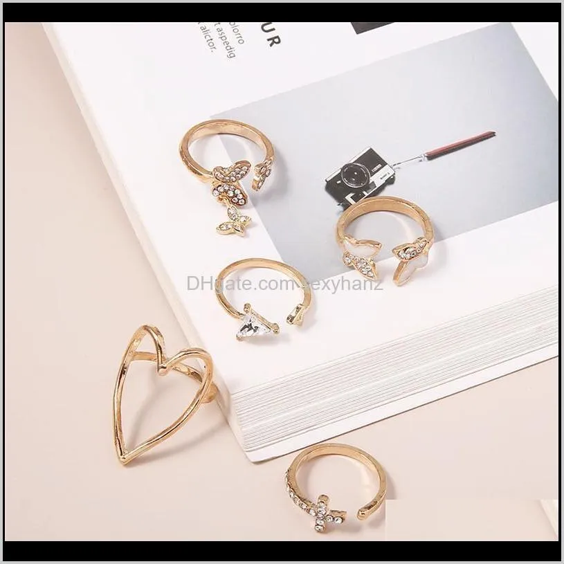 women rings set new vintage gold color ring sets 5pcs/set open size open adjustable cz zircon hollow heart butterfly rings