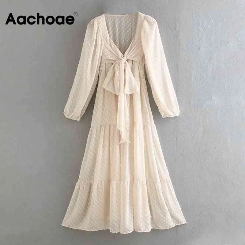 Aachoae Femmes Dentelle Mesh Dot Robe de broderie Sweet Bow Décorer Robes Midi Col V Manches longues Robe de soirée élégante 210413